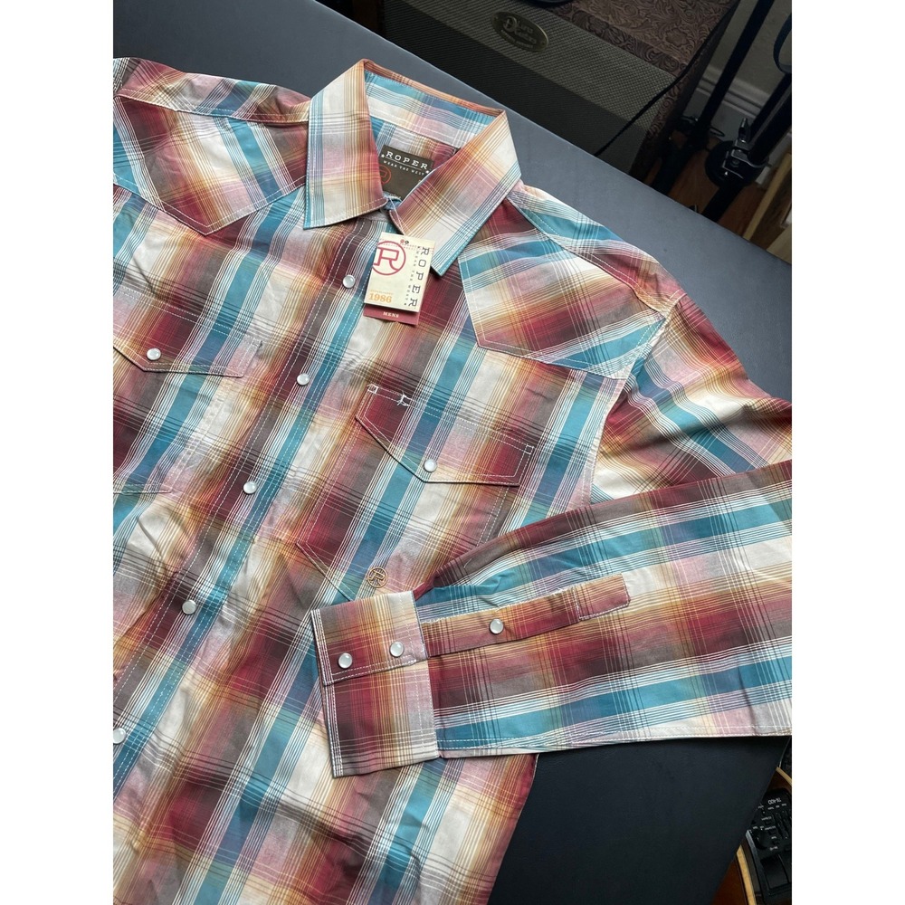 Roper Western New w/ tag Pearl Snap Shirt Mens Med Multicolor Plaid Long Sleeve